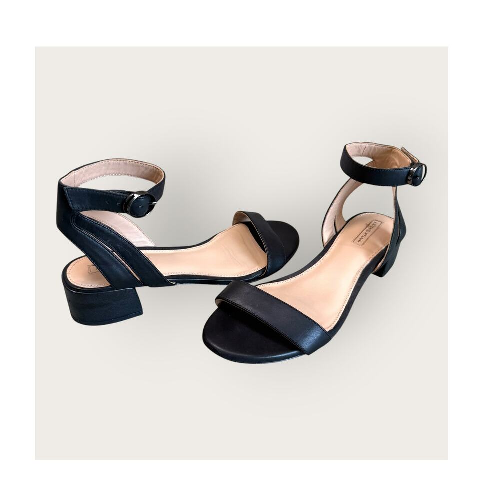 Antonio Melani Black Leather Ankle Strap Dress Sandals Womens 9.5 Low Block Heel